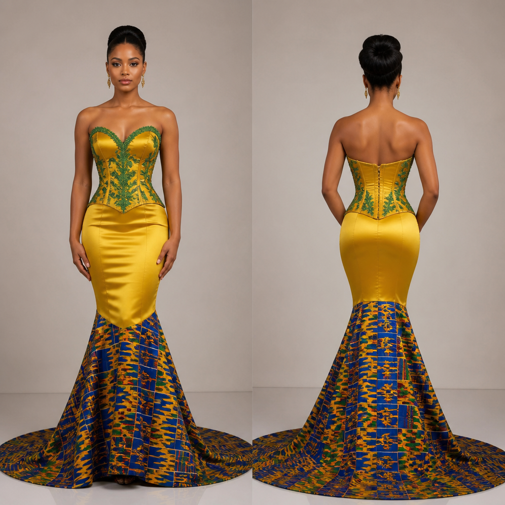 Mustard yellow with satin from the bust to the knees . Corset design at the top.
Sweetheart neckline with two layers of green beadings along the neckline.
More blue than mustard yellow with minimal green and minimal red Nkrumah kente for a long trail from the knees down the floor. Trail should start from the knees. Green embroidery on the bodice
photorealistic fashion design, Mustard yellow with satin from the bust to the knees . Corset design at the top.
Sweetheart neckline with two layers of green beadings along the neckline.
More blue than mustard yellow with minimal green and minimal red Nkrumah kente for a long trail from the knees down the floor. Trail should start from the knees. Green embroidery on the bodice
, classic style, just the design no text, show front and back