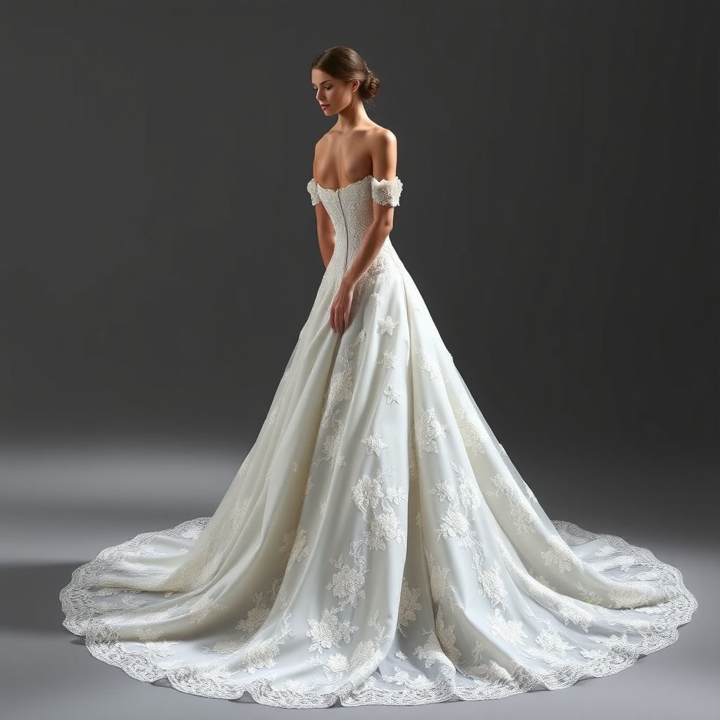 Wedding dress
Create an exquisite wedding dress inspired by the ethereal elegance of Vera Wang. Envision a flowing silhouette made of delicate lace and silk, featuring intricate floral appliqués that cascade down the skirt. Incorporate a dramatic off-the-shoulder neckline and a sweeping train, blending modern romance with timeless sophistication for the perfect bridal look.