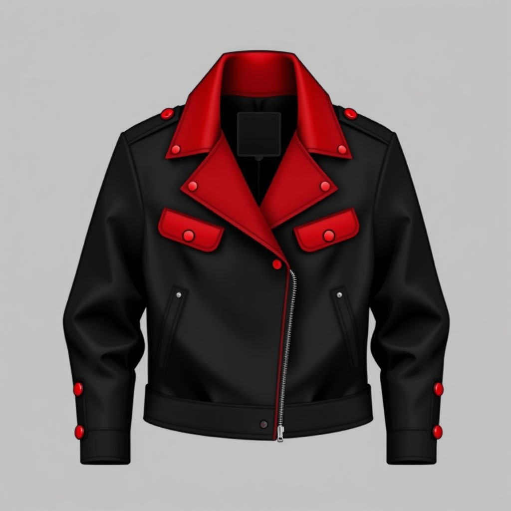 A black motorbike jacket with big red lapels and red pockets but is small and has red pockets plus 4 red buttons on its sleeves
Design a minimalist black motorbike jacket featuring oversized red lapels and sleek red pockets. Emphasize clean lines and structured silhouettes with a tailored, small fit. Four discreet red buttons adorn the sleeves, adding a touch of bold color. The overall look radiates modern elegance while celebrating the beauty of simplicity.