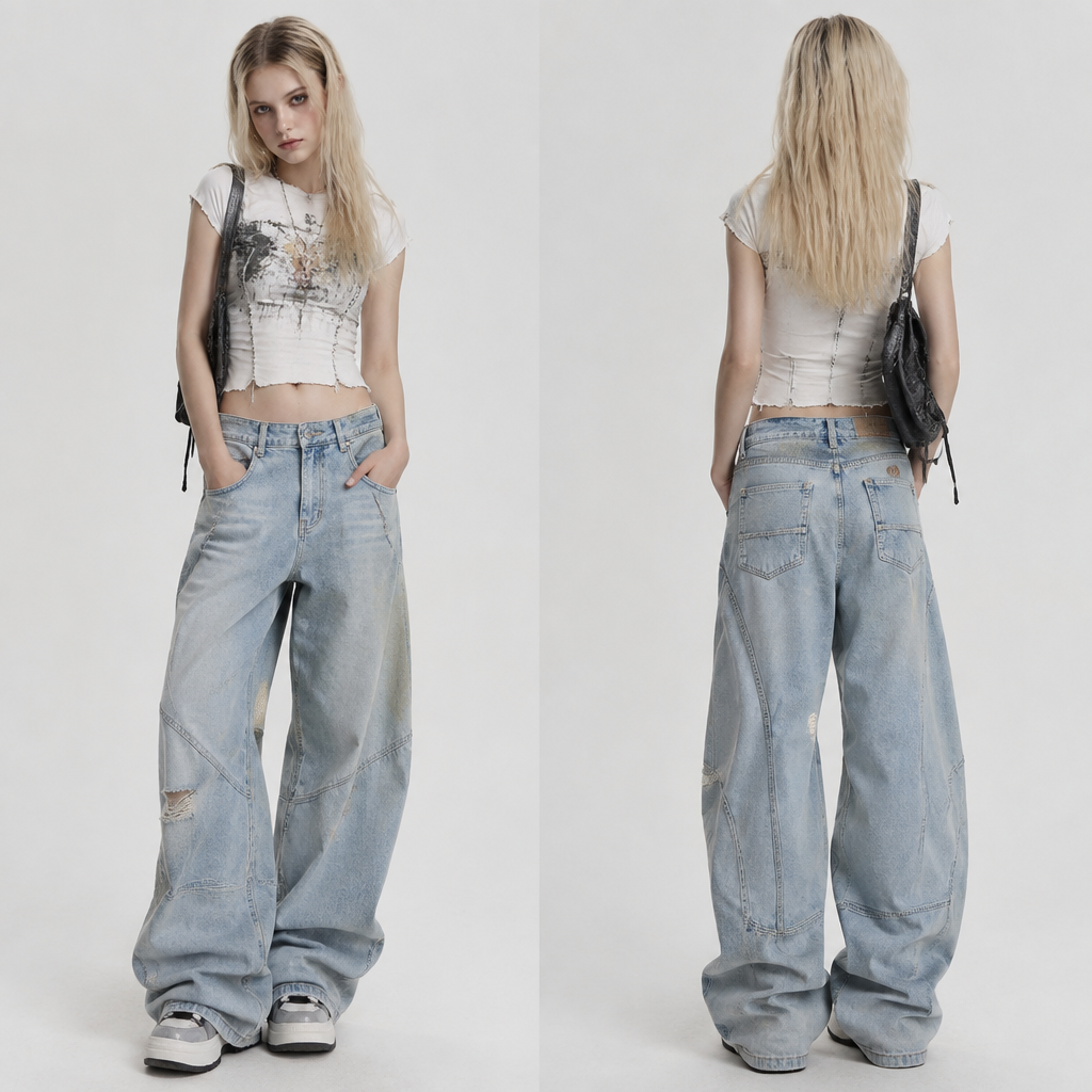 A Female Pants design, made of Denim, with a sturdy, casual hand, with an Oversized silhouette, in a Pastels color palette, for Casual, in Streetwear + Emo style, shown on a model with fair skin and a petite figure. Ukraine fashion aesthetics. Present it as professional fashion catalogue photography: the garment is the subject, shown full-length with editorial styling, neutral posing and tasteful, non-suggestive framing.
photorealistic fashion design, A Female Pants design, made of Denim, with a sturdy, casual hand, with an Oversized silhouette, in a Pastels color palette, for Casual, in Streetwear + Emo style, shown on a model with fair skin and a petite figure. Ukraine fashion aesthetics. Present it as professional fashion catalogue photography: the garment is the subject, shown full-length with editorial styling, neutral posing and tasteful, non-suggestive framing., streetwear style, just the design no text