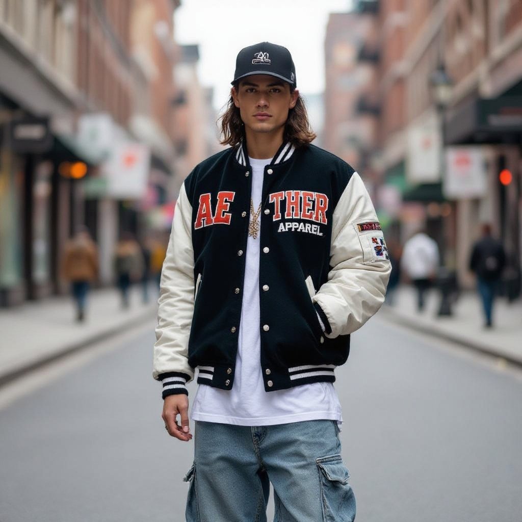 Design a varsity with the word aether apparel
Streetwear fashion: Design a streetwear varsity jacket with chenille patches, drop shoulders, and a relaxed fit, featuring the words "aether apparel" prominently.