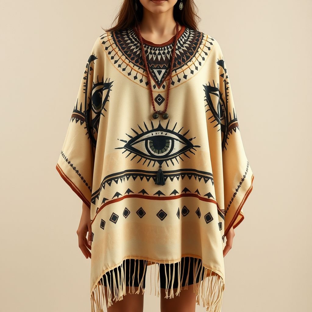 Handpainted boho minimal poncho inspired by eye and American indian man
Imagine a handpainted boho minimal poncho featuring soft earth tones and intricate eye motifs, blending American Indian artistic elements with contemporary simplicity. Flowing silhouettes embrace natural textures, while geometric patterns evoke a sense of spirituality. Perfect for layering, this artistic piece is both a statement and a canvas of cultural appreciation.