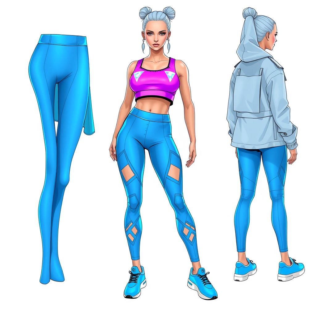 pink and neon blue yoga outfit
Design a futuristic athleisure ensemble featuring a vibrant pink crop top with holographic detailing and neon blue high-waisted leggings adorned with geometric cutouts. The fabric shimmers under light, blending comfort with high fashion. Complete the look with matching neon blue slip-on sneakers and a cropped utility jacket for versatility and flair.