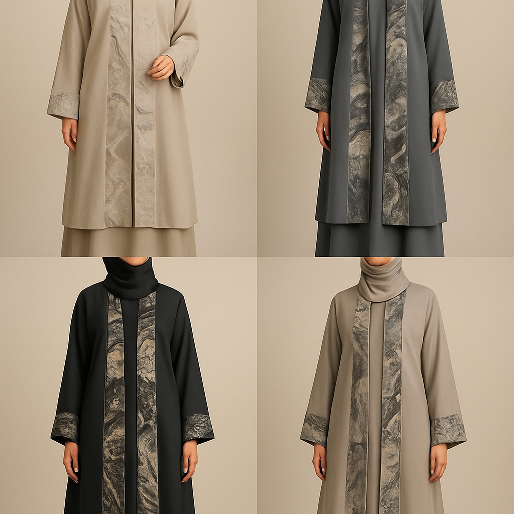 Create a modest two piece abaya, first of its kind, featuring a unique stone design that exudes a classy and sophisticated vibe. I'd like four designs, each showcasing different styles and fabrics. Incorporate high-end, unique chic stone designs to make them truly special. Add little sophisticated stone designs. Make it irresistible!

Create a modest two piece abaya, first of its kind, featuring a unique stone design that exudes a classy and sophisticated vibe. I'd like four designs, each showcasing different styles and fabrics. Incorporate high-end, unique chic stone designs to make them truly special. Add little sophisticated stone designs. Make it irresistible!