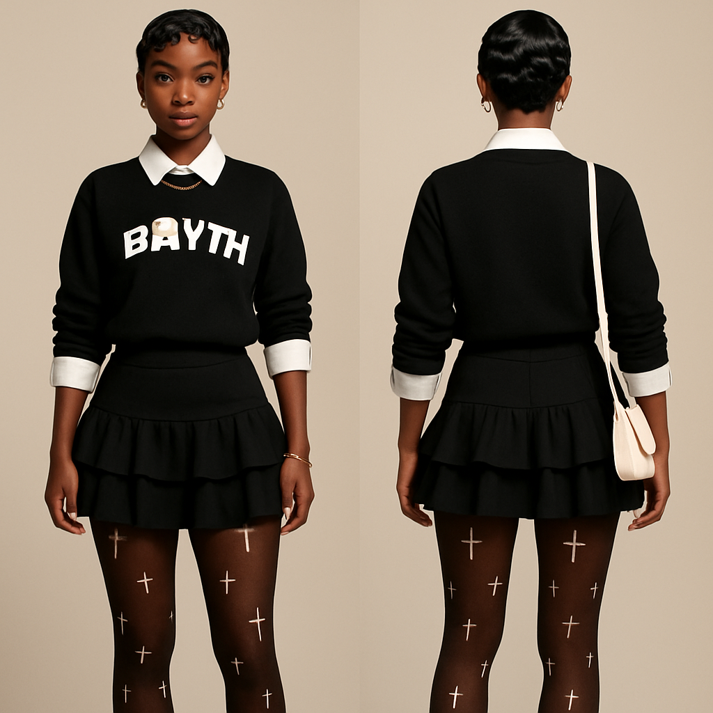 Black girl
Finger waves
White collared shirt
Black sweater shirt sleeves rolled it says
By Faith in it
Tight short ruffled black skirt
Black stockings with with crosses on them
White platform boots
Gold jewelry
White crossbody purse
Black girl
Finger waves
White collared shirt
Black sweater shirt sleeves rolled it says
By Faith in it
Tight short ruffled black skirt
Black stockings with with crosses on them
White platform boots
Gold jewelry
White crossbody purse
, streetwear style, show front and back