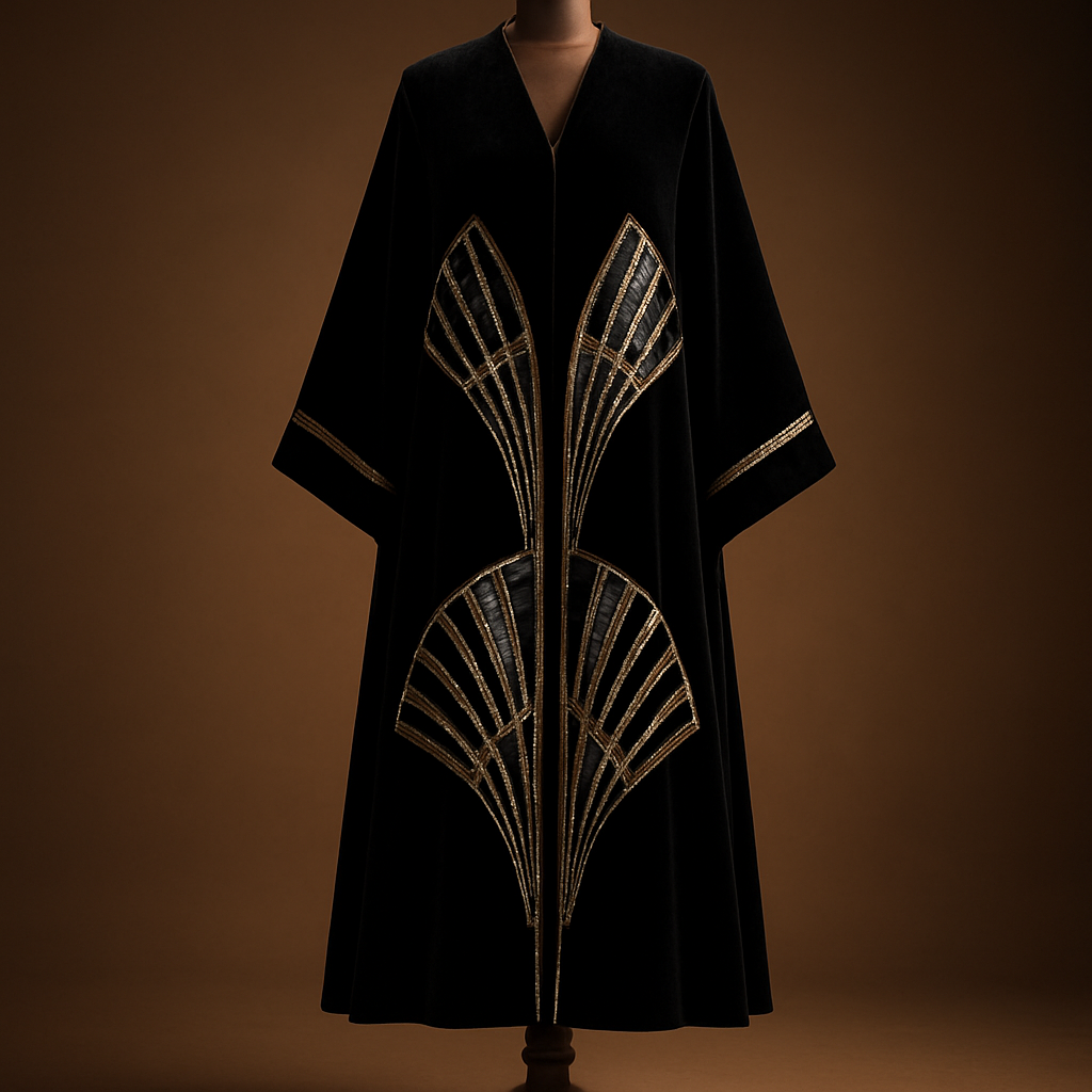 
3) Art-deco fan panels  
Photorealistic full-length black velvet ankle-length abaya on a luxurious polished dark-walnut wooden mannequin with carved pedestal, ankle visible; symmetrical art-deco fan panels on front and back made from linear rows of faceted crystals and tiny mirror tiles, bold geometric lines in antique gold. Studio: high-contrast softbox + rim, warm gradient background, cinematic sharpness. (Midjourney: --ar 2:3 --v 5 --q 2)


3) Art-deco fan panels  
Photorealistic full-length black velvet ankle-length abaya on a luxurious polished dark-walnut wooden mannequin with carved pedestal, ankle visible; symmetrical art-deco fan panels on front and back made from linear rows of faceted crystals and tiny mirror tiles, bold geometric lines in antique gold. Studio: high-contrast softbox + rim, warm gradient background, cinematic sharpness. (Midjourney: --ar 2:3 --v 5 --q 2)