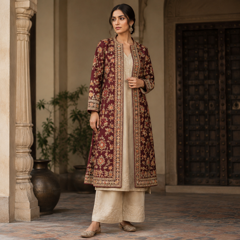 A Coat design. Consider Indian fashion aesthetics — consider saree, lehenga, salwar kameez, kurti, anarkali; local fabrics like chanderi, banarasi, chikankari, block prints; vibrant colors and rich embroidery. Current season is Autumn in India. Present it as professional fashion catalogue photography: the garment is the subject, shown full-length with editorial styling, neutral posing and tasteful, non-suggestive framing.
photorealistic fashion design, A Coat design. Consider Indian fashion aesthetics — consider saree, lehenga, salwar kameez, kurti, anarkali; local fabrics like chanderi, banarasi, chikankari, block prints; vibrant colors and rich embroidery. Current season is Autumn in India. Present it as professional fashion catalogue photography: the garment is the subject, shown full-length with editorial styling, neutral posing and tasteful, non-suggestive framing., just the design no text