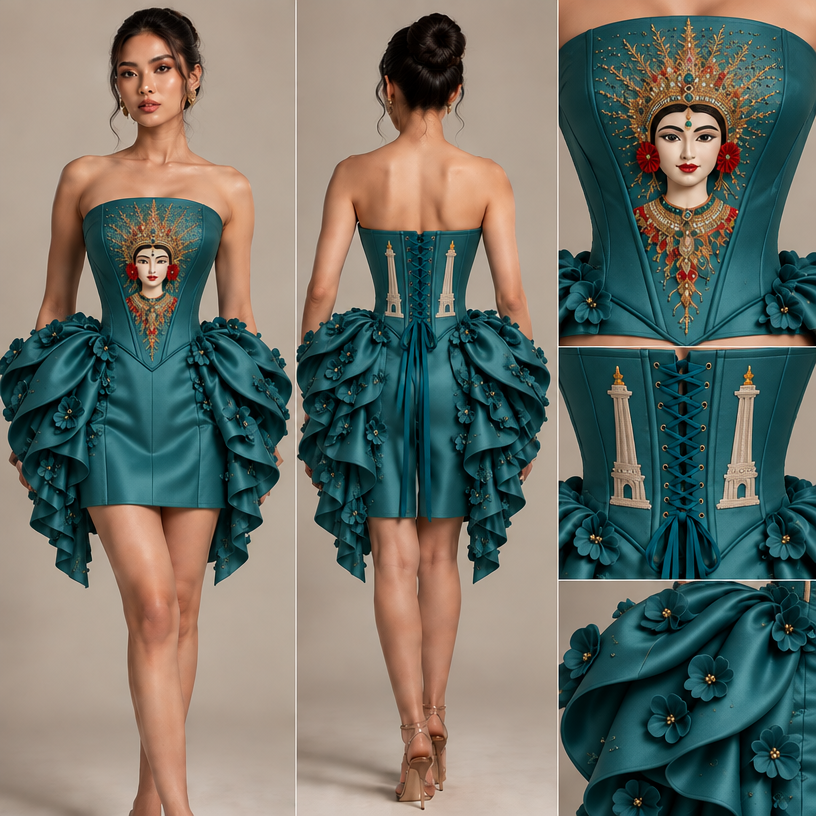 Payetan hanya di bagian dada atas di atas mahkota ondel-ondel saja. Rok fitted nya di buat longgar sedikit
edit the attached fashion design with these instructions: Payetan hanya di bagian dada atas di atas mahkota ondel-ondel saja. Rok fitted nya di buat longgar sedikit. keep it photorealistic, just the design no text