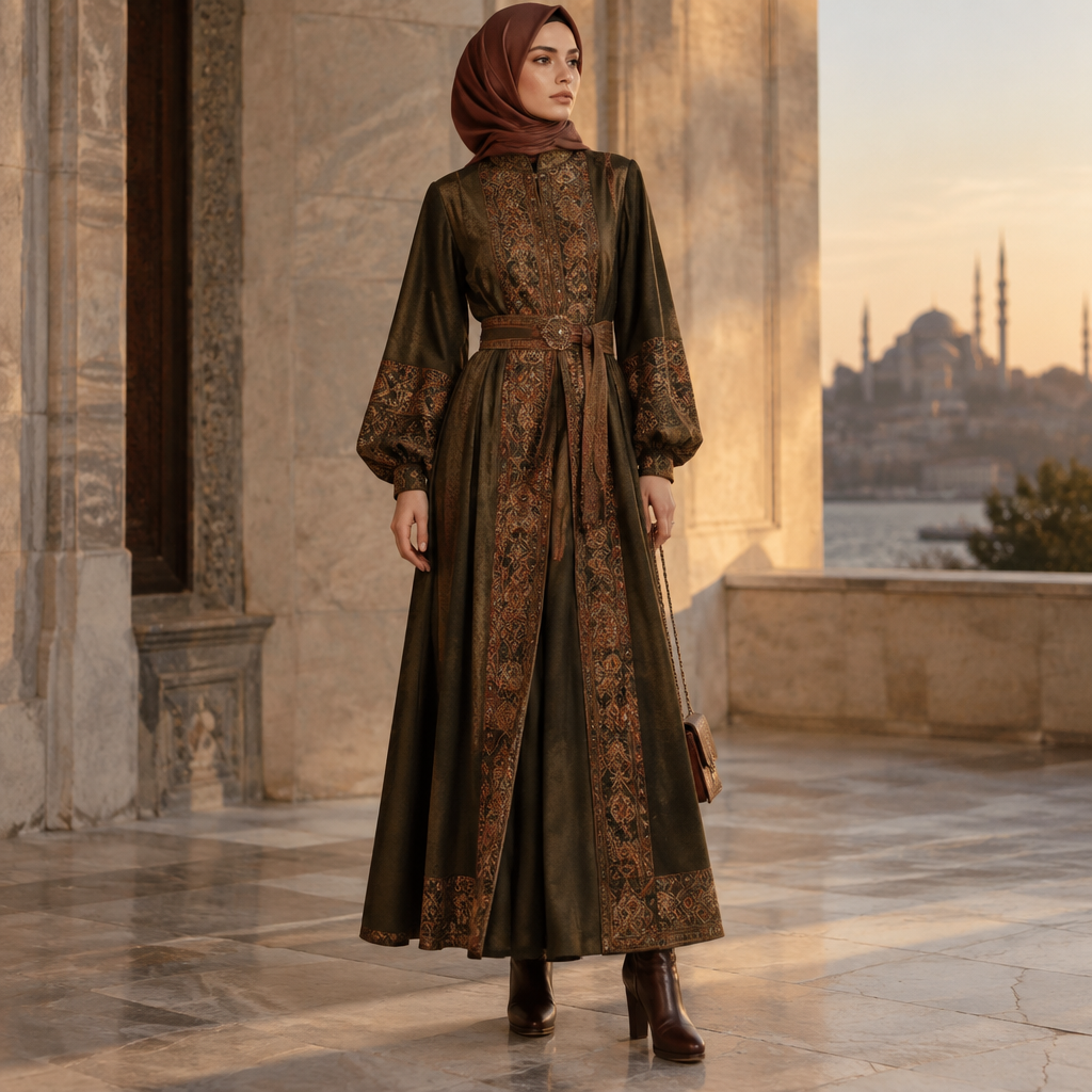 A Female Dress design, suitable for Fall. Consider Turkish fashion — Ottoman-inspired, modest fashion hub, rich textiles, East-meets-West aesthetics. Current season is Autumn in Turkey. Present it as professional fashion catalogue photography: the garment is the subject, shown full-length with editorial styling, neutral posing and tasteful, non-suggestive framing.
photorealistic fashion design, A Female Dress design, suitable for Fall. Consider Turkish fashion — Ottoman-inspired, modest fashion hub, rich textiles, East-meets-West aesthetics. Current season is Autumn in Turkey. Present it as professional fashion catalogue photography: the garment is the subject, shown full-length with editorial styling, neutral posing and tasteful, non-suggestive framing., just the design no text