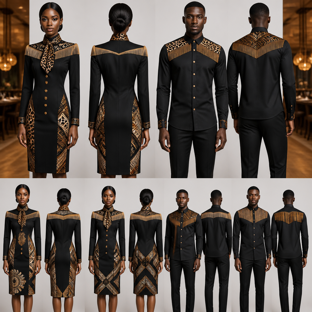 designs de Robe hôtesse pour restaurant différents , robe droite jusqu’au genoux pour femme , col pasteur petite écharpe motif panthère noire et marron , bouton au milieu de la robe rond en or Avec une touche de paille au niveau des épaules et la poitrine de même pour les hommes pantalon chemise , designs sur la robe en motifs tissu panthère tissu africain ekang Cameroun . La couleur du vêtement est noir , très fashion chic , et élégante , plus stylé et original
photorealistic fashion design, designs de Robe hôtesse pour restaurant différents , robe droite jusqu’au genoux pour femme , col pasteur petite écharpe motif panthère noire et marron , bouton au milieu de la robe rond en or Avec une touche de paille au niveau des épaules et la poitrine de même pour les hommes pantalon chemise , designs sur la robe en motifs tissu panthère tissu africain ekang Cameroun . La couleur du vêtement est noir , très fashion chic , et élégante , plus stylé et original , office style, just the design no text, show front and back