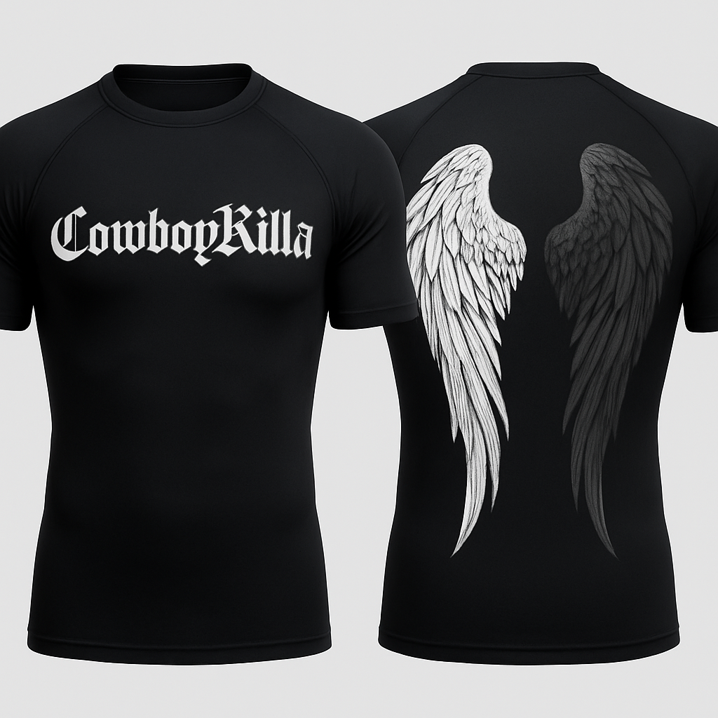 Black base short sleeve compression jujitsu rash guard shirt. 2 angle wings on the back, one white and the other dark gray. Make the wings kinda form a shape of a heart without making it too obnoxious so the wings look natural still
Little less of a heart shape and make the wings come down almost to the bottom of the shirt
Can you write CowboyKilla on the wrong
Black base short sleeve compression jujitsu rash guard shirt. 2 angle wings on the back, one white and the other dark gray. Make the wings kinda form a shape of a heart without making it too obnoxious so the wings look natural still
Little less of a heart shape and make the wings come down almost to the bottom of the shirt
Can you write CowboyKilla on the wrong
, gothic style, show front and back