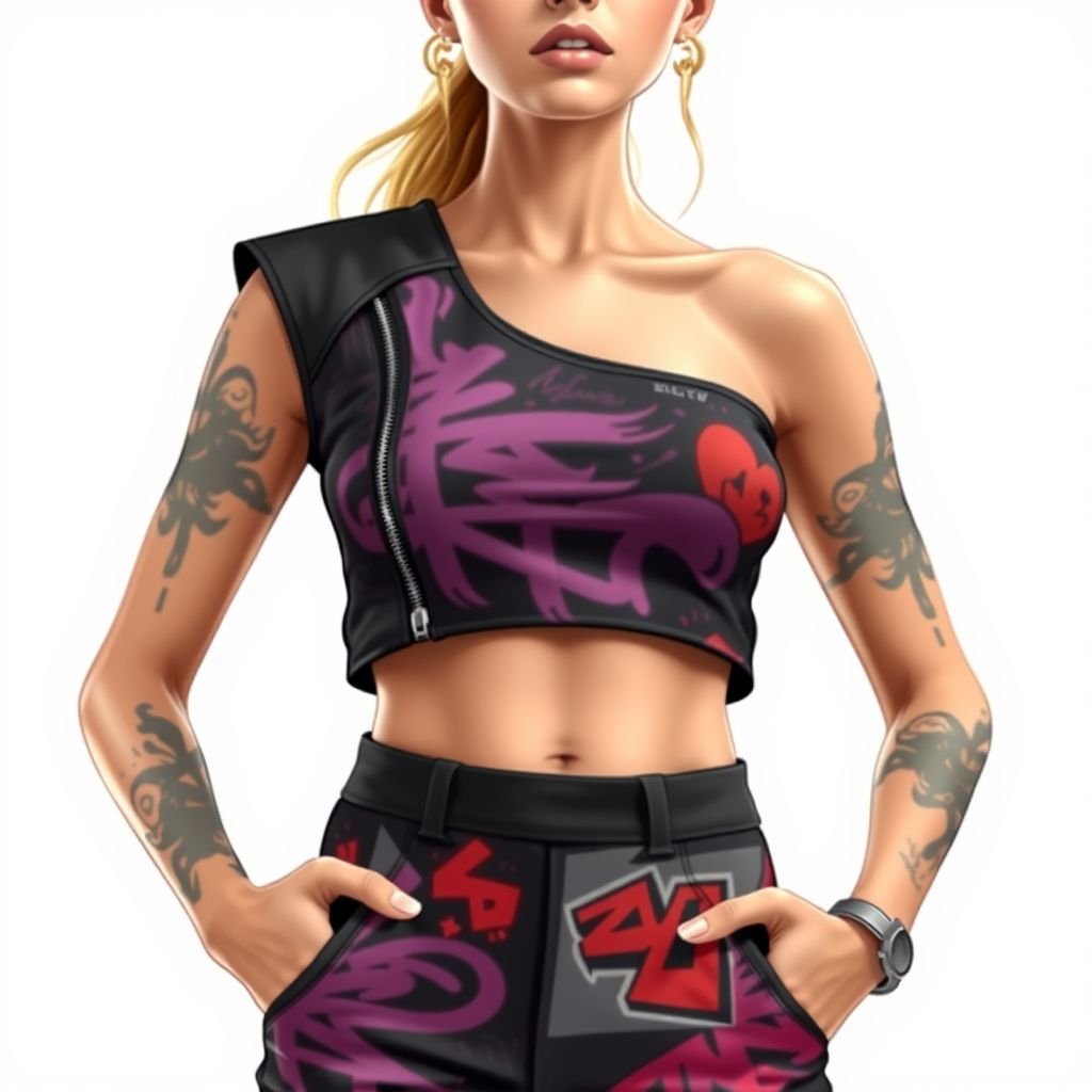 A crop top with zip on the shoulder which if removed will make it a tank top, and zip on the chest, which if removed will make it a tube top.
Design a streetwear-inspired crop top featuring a bold zipper on one shoulder, allowing for transformation into a sleek tank top. The chest zipper adds versatility, converting the piece into an edgy tube top. Emphasize oversized silhouettes, vibrant graffiti prints, and urban textures, blending functionality with an effortlessly cool urban aesthetic.