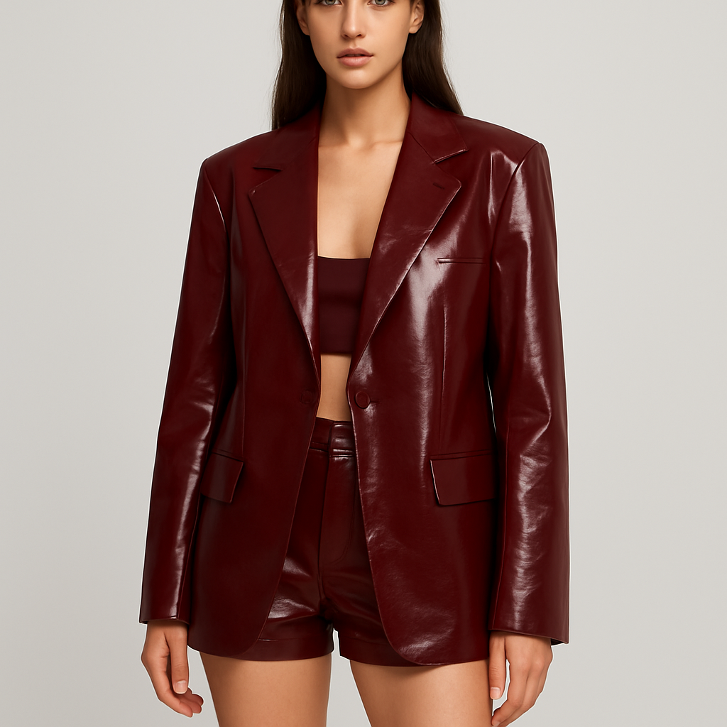 Deep burgundy vinyl short shorts
Matching oversized blazer
Make shorts sit lower on waist
Make blazer longer
Deep burgundy vinyl short shorts
Matching oversized blazer
Make shorts sit lower on waist
Make blazer longer