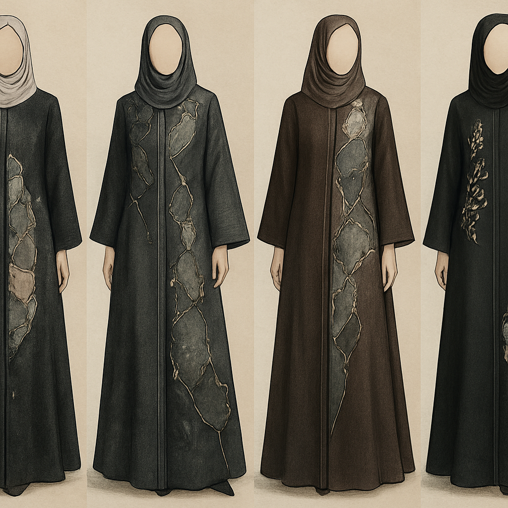 Create a modest chic abaya, the first of its kind, featuring a unique stone design that exudes a classy and sophisticated vibe. I'd like four designs, each showcasing different styles and fabrics. Incorporate high-end, unique chic stone designs to make them truly special. Add little sophisticated stone designsa and some touch of elite flower design.

Create a modest chic abaya, the first of its kind, featuring a unique stone design that exudes a classy and sophisticated vibe. I'd like four designs, each showcasing different styles and fabrics. Incorporate high-end, unique chic stone designs to make them truly special. Add little sophisticated stone designsa and some touch of elite flower design.
