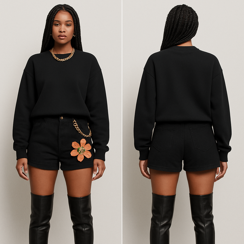 Sweater shirt black shorts gold chain on shorts flower on the shorts box braids thigh high boots
Sweater shirt black shorts gold chain on shorts flower on the shorts box braids thigh high boots , streetwear style, show front and back