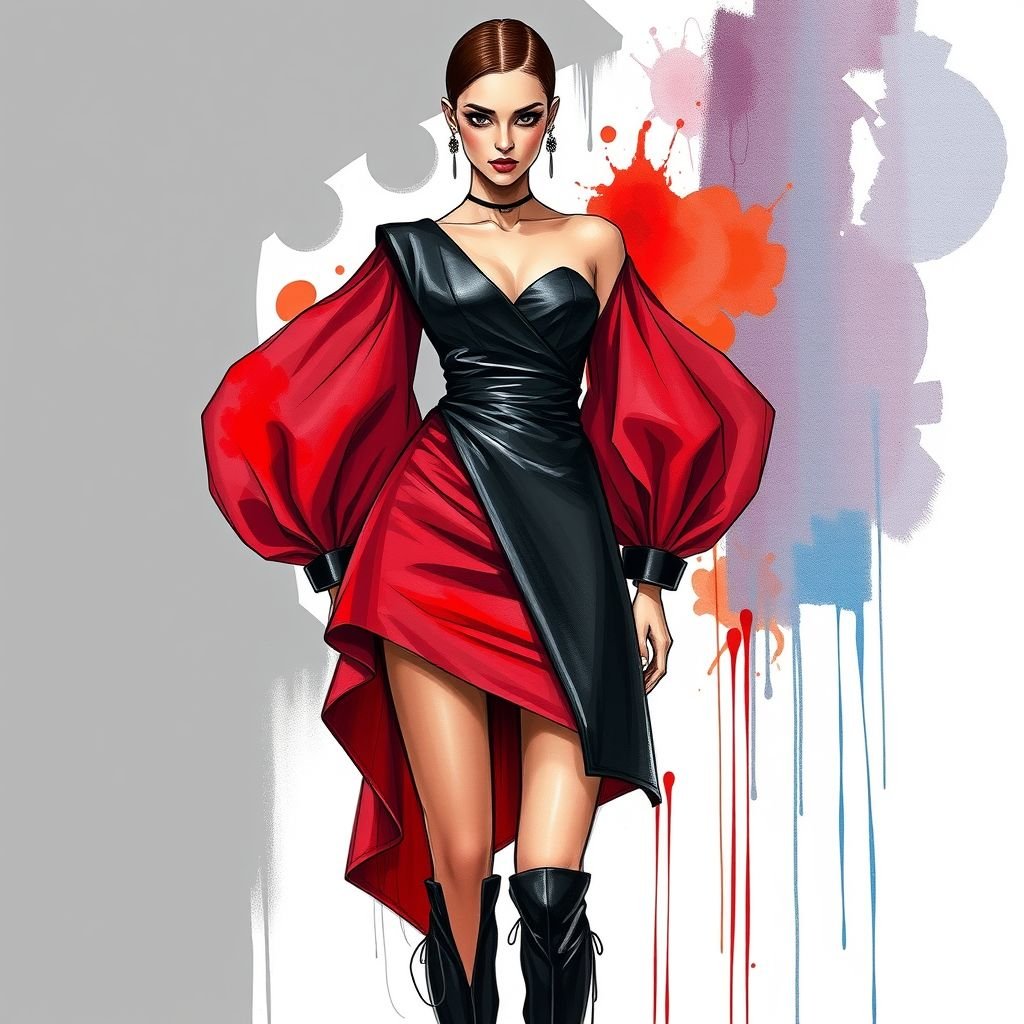 Merlot, black, leather, chiffon, mini, mutton sleeves, knee high boots, colour drawing
Envision an avant-garde ensemble featuring an asymmetrical merlot mini dress, blending luxurious chiffon and structured leather. Dramatic mutton sleeves cascade into an angular silhouette, contrasting with sleek knee-high boots. Amplify the look with abstract, bold color drawings, creating a striking visual narrative that challenges conventional fashion norms—a true statement of avant-garde artistry.