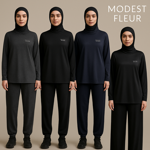 Create a revolutionary women's modest loose gym wear brand called "Modest Fleur". Display the brand name on the in a unique design on the upper right side, in small thick writing that exudes a classy and sophisticated vibe. I'd like four designs, each showcasing different styles and fabrics, with high-end, chic designs to make them truly special. Making it first design in the world 