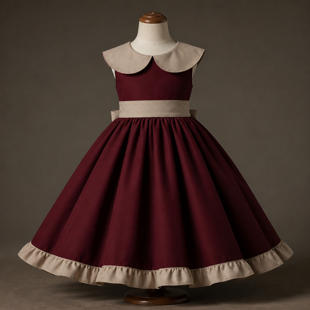 A Female Dress design, suitable for Winter. vestido largo de niña al estilo paisana, con falda ancha, de color bordó, sin mangas, con cuello en color beige al estilo Peter pan que le cubra hasta los hombros, lado blanco en la cintura atado en la espalda, con un volado beige al terminar la falda. UY fashion aesthetics.
photorealistic fashion design, A Female Dress design, suitable for Winter. vestido largo de niña al estilo paisana, con falda ancha, de color bordó, sin mangas, con cuello en color beige al estilo Peter pan que le cubra hasta los hombros, lado blanco en la cintura atado en la espalda, con un volado beige al terminar la falda. UY fashion aesthetics., just the design no text