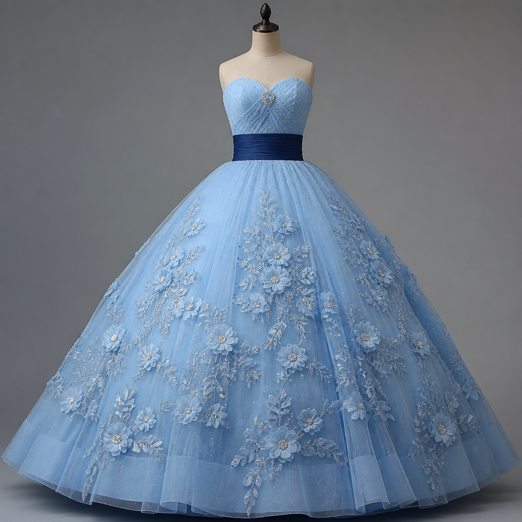 photorealistic fashion design, A Female Dress design, suitable for Winter. vestido azul claro de debutante com bordado de flores com o miolo prateado e um diamante na parte de cima do corpete e faixas. Brazil fashion aesthetics., just the design no text. Refinement: tomara que caia,com uma faixa azul mais escuro na cintura
photorealistic fashion design, photorealistic fashion design, A Female Dress design, suitable for Winter. vestido azul claro de debutante com bordado de flores com o miolo prateado e um diamante na parte de cima do corpete e faixas. Brazil fashion aesthetics., just the design no text. Refinement: tomara que caia,com uma faixa azul mais escuro na cintura , just the design no text