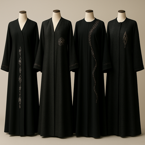 Create me modest abaya that's first in the world, using unique stone design, classy and sophisticated. Keep me 4 designs. Make them rich by adding minimal stone embroidery and stones designs. Showcasing different styles and fabric.