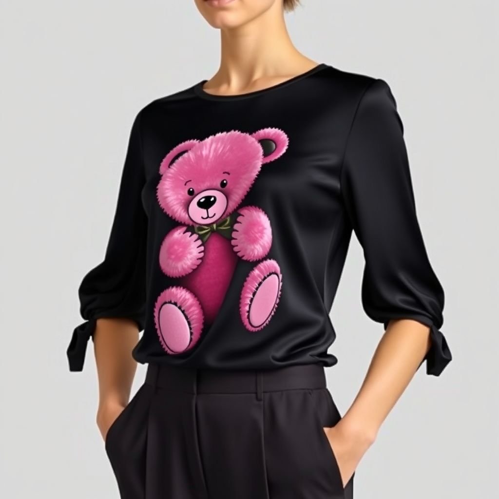A black t shirt with a big pink teddy bear on the front with Riley Bear written across it
Imagine an elegant twist on casual wear: a fitted black silk tee adorned with a luxurious oversized pink teddy bear graphic, embroidered with delicate gold threads. The shirt features draped sleeves and a refined neckline, paired with tailored high-waisted trousers. A chic yet playful ensemble perfect for sophisticated outings.