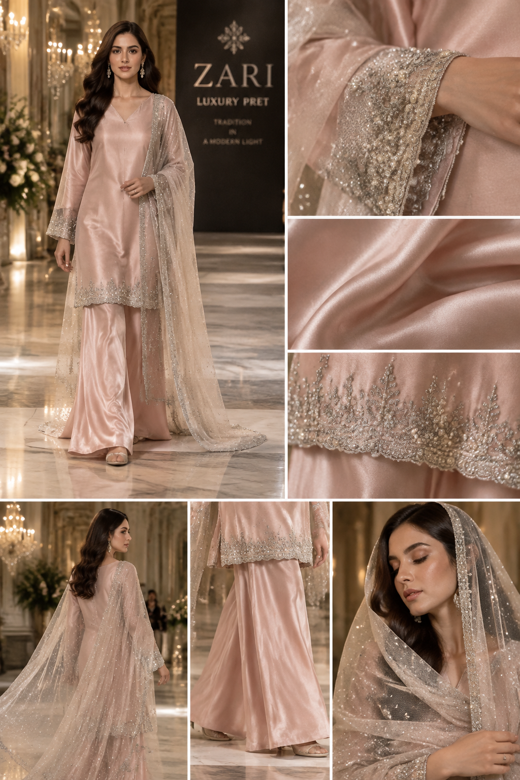 Create a luxurious fashion runway video featuring a blush-pink silk kameez ending at the knees, matching silk palazzo trousers, delicate silver pearl-style lace along the kameez hem and sleeve cuffs, and a sheer silver net dupatta with subtle sparkling details. The model walks gracefully through an elegant luxury interior. Show close-up shots of the silk fabric, intricate silver lace, flowing palazzo trousers, and shimmering dupatta. Soft cinematic lighting, realistic fabric movement, classy Pakistani fashion campaign, smooth camera movement, high-end designer look.
Create a luxurious fashion runway video featuring a blush-pink silk kameez ending at the knees, matching silk palazzo trousers, delicate silver pearl-style lace along the kameez hem and sleeve cuffs, and a sheer silver net dupatta with subtle sparkling details. The model walks gracefully through an elegant luxury interior. Show close-up shots of the silk fabric, intricate silver lace, flowing palazzo trousers, and shimmering dupatta. Soft cinematic lighting, realistic fabric movement, classy Pakistani fashion campaign, smooth camera movement, high-end designer look.