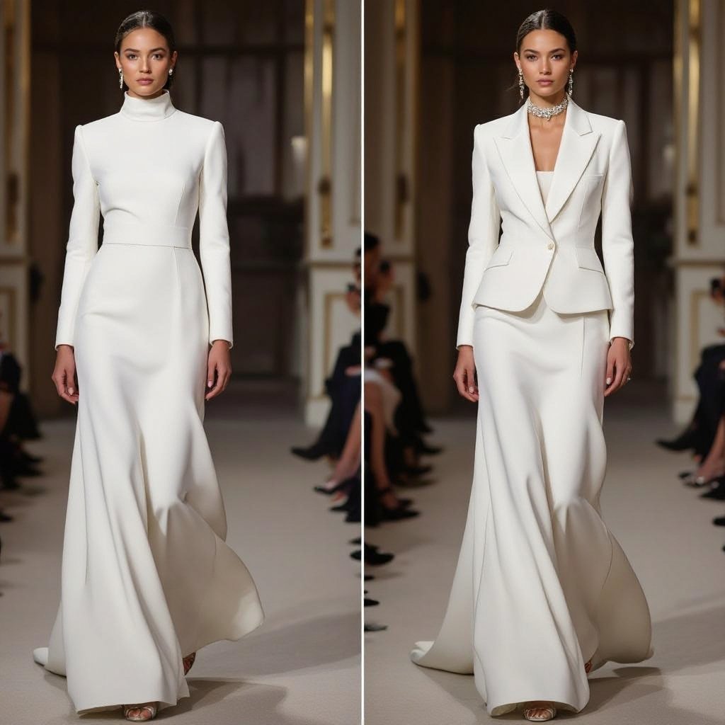 Off white Dress with jacket old money style
Formal fashion: Off-white dress, long sleeves, high neck. Matching jacket, structured shoulders. Fine silk fabric. Formal, elegant, old money style.