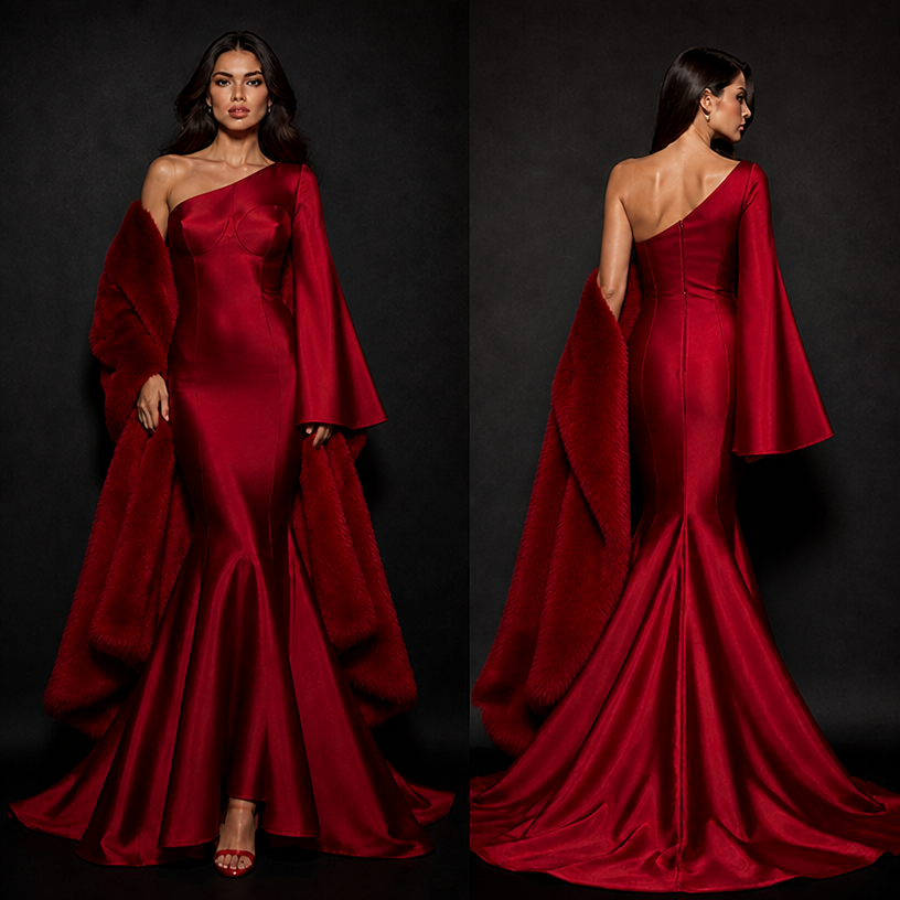 Change the top to one shoulder and the other sleeve make a full flair bell sleeve
edit the attached fashion design with these instructions: Change the top to one shoulder and the other sleeve make a full flair bell sleeve. keep it photorealistic, just the design no text