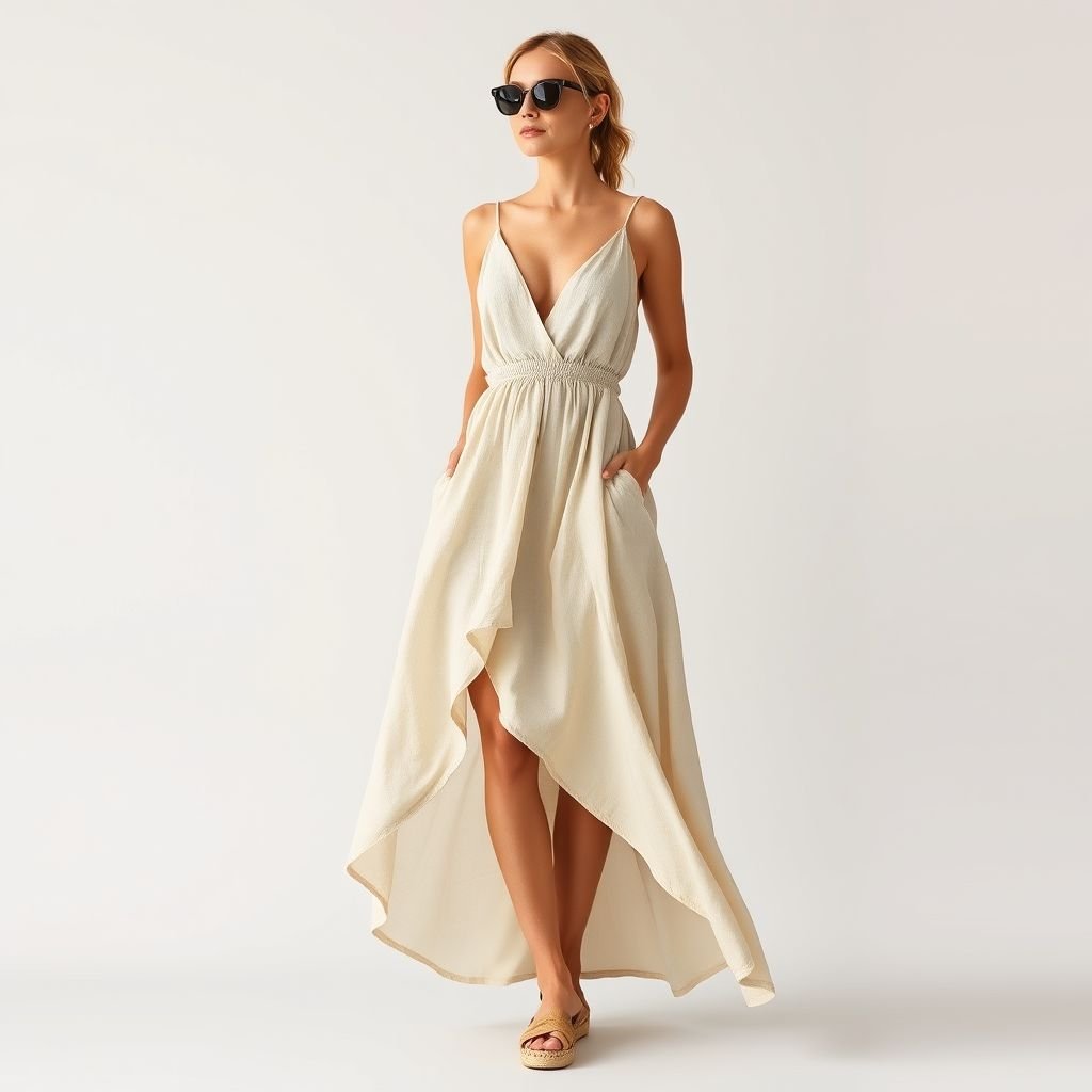 I want to create a simple resort dress with like t classic minimal chic
Imagine a flowing, ankle-length resort dress crafted from lightweight linen in a soft, sandy beige. It features a plunging V-neckline and delicate spaghetti straps, evoking effortless elegance. The silhouette gently cinches at the waist, complemented by an asymmetrical hem. Style with oversized sunglasses and woven espadrilles for a chic, timeless look.