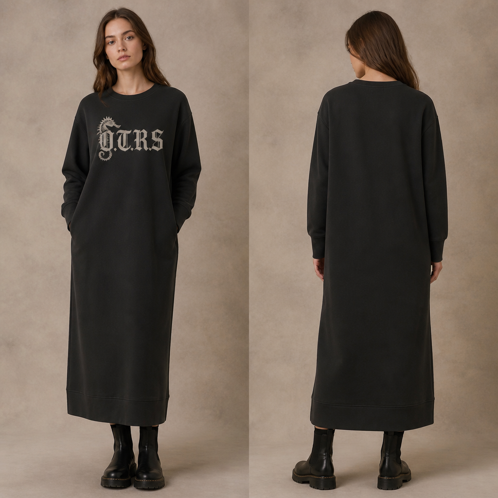 A Female Dress design, made of Cotton, with a sturdy, casual hand, with a Relaxed silhouette, suitable for Fall, suited to a Temperate climate. the logo in the reference box will be across the chest area, centered and bold with a gothic style sea horse riding the top left corner of the s in O.T.R.S Present it as professional fashion catalogue photography: the garment is the subject, shown full-length with editorial styling, neutral posing and tasteful, non-suggestive framing.
photorealistic fashion design, A Female Dress design, made of Cotton, with a sturdy, casual hand, with a Relaxed silhouette, suitable for Fall, suited to a Temperate climate. the logo in the reference box will be across the chest area, centered and bold with a gothic style sea horse riding the top left corner of the s in O.T.R.S Present it as professional fashion catalogue photography: the garment is the subject, shown full-length with editorial styling, neutral posing and tasteful, non-suggestive framing., just the design no text, show front and back