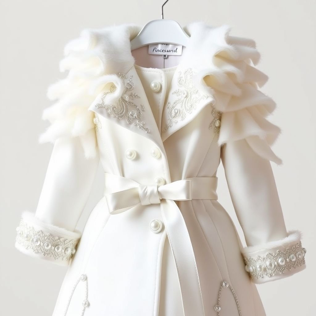 A short white coat with layered princess extension for kids
Design a stunning short white coat for kids, embellished with shimmering sequins and soft, fluffy layered princess extensions cascading from the shoulders. Adorned with intricate pearl detailing and a luxurious satin belt, this glamorous piece exudes elegance, making every little girl feel like royalty on a magical day out.