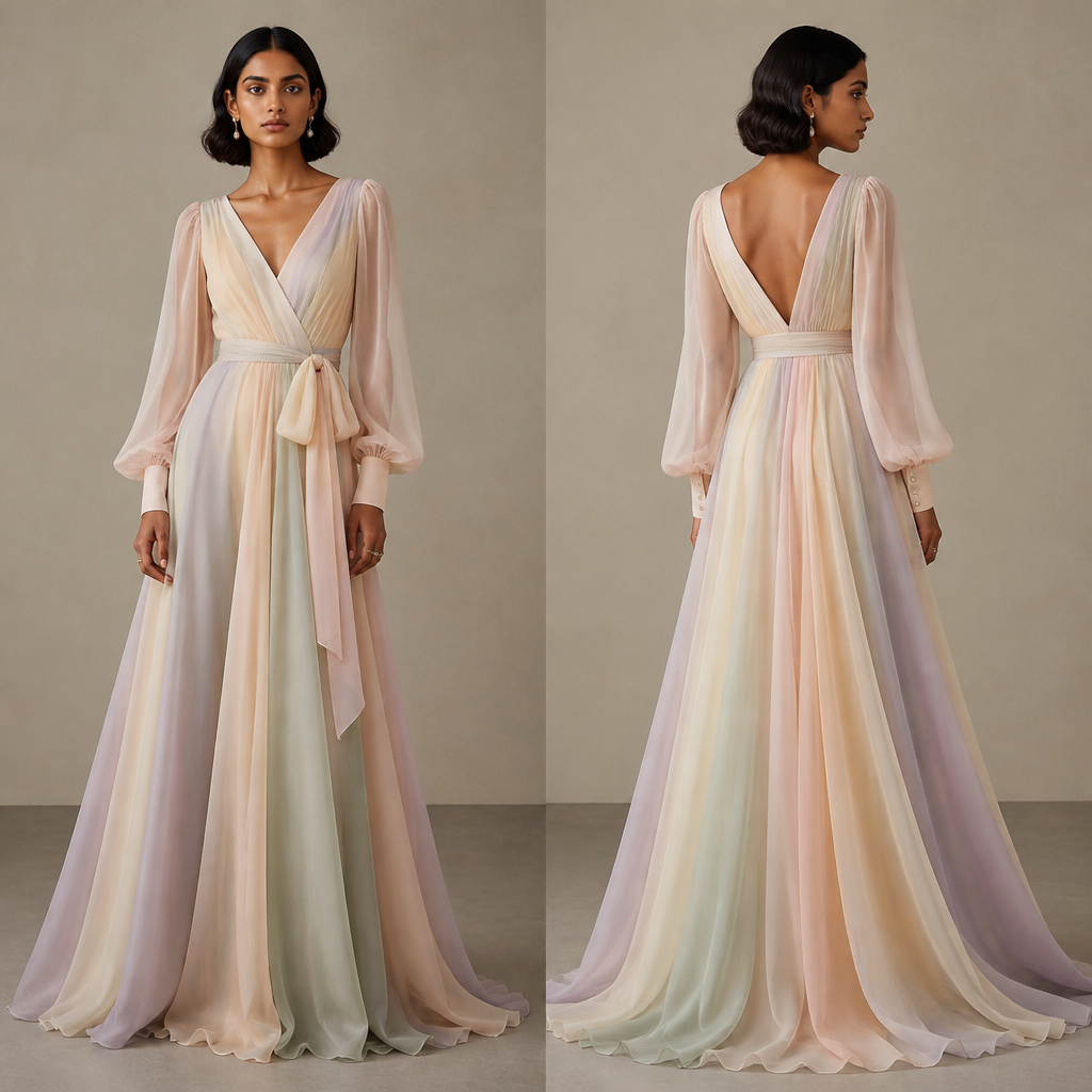 A Unisex Dress design, made of Chiffon, with a soft, cosy hand, with an A-Line silhouette, in a Pastels color palette, for Wedding, suitable for Fall, suited to a Temperate climate, in Elegant style, shown on a model with brown skin and a petite figure Present it as professional fashion catalogue photography: the garment is the subject, shown full-length with editorial styling, neutral posing and tasteful, non-suggestive framing.
photorealistic fashion design, A Unisex Dress design, made of Chiffon, with a soft, cosy hand, with an A-Line silhouette, in a Pastels color palette, for Wedding, suitable for Fall, suited to a Temperate climate, in Elegant style, shown on a model with brown skin and a petite figure Present it as professional fashion catalogue photography: the garment is the subject, shown full-length with editorial styling, neutral posing and tasteful, non-suggestive framing., elegant style, just the design no text, show front and back