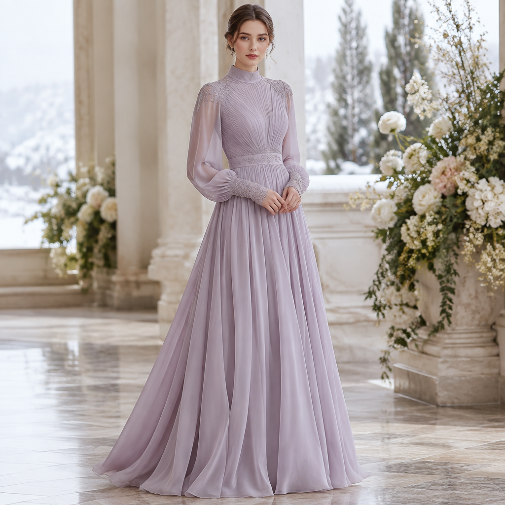 A Dress design, made of Chiffon, with a sleek, smooth finish, with a Flared silhouette, with modest, full coverage: longer hemlines, higher necklines and covered shoulders, in a Pastels color palette, for Wedding, suitable for Winter, suited to a Cold climate, in Classic style, shown on a model with light skin and a slim figure Present it as professional fashion catalogue photography: the garment is the subject, shown full-length with editorial styling, neutral posing and tasteful, non-suggestive framing.
photorealistic fashion design, A Dress design, made of Chiffon, with a sleek, smooth finish, with a Flared silhouette, with modest, full coverage: longer hemlines, higher necklines and covered shoulders, in a Pastels color palette, for Wedding, suitable for Winter, suited to a Cold climate, in Classic style, shown on a model with light skin and a slim figure Present it as professional fashion catalogue photography: the garment is the subject, shown full-length with editorial styling, neutral posing and tasteful, non-suggestive framing., classic style, just the design no text