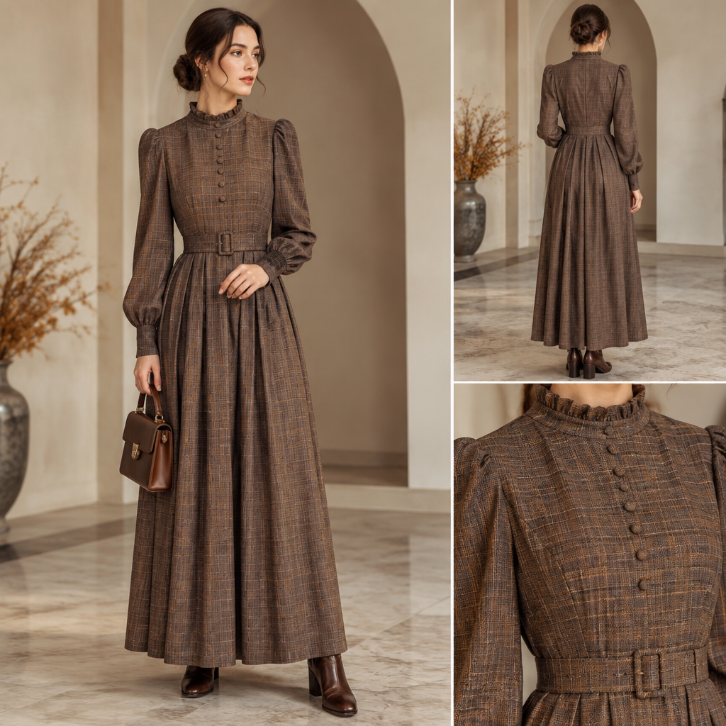 A Female Dress design, with modest, full coverage: longer hemlines, higher necklines and covered shoulders, suitable for Fall Present it as professional fashion catalogue photography: the garment is the subject, shown full-length with editorial styling, neutral posing and tasteful, non-suggestive framing.
photorealistic fashion design, A Female Dress design, with modest, full coverage: longer hemlines, higher necklines and covered shoulders, suitable for Fall Present it as professional fashion catalogue photography: the garment is the subject, shown full-length with editorial styling, neutral posing and tasteful, non-suggestive framing., just the design no text