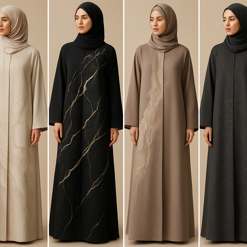Create a modest abaya, the first of its kind, featuring a unique stone design that exudes a classy and sophisticated vibe. I'd like four designs, each showcasing different styles and fabrics. Incorporate high-end, unique chic stone designs to make them truly special. Add little sophisticated stone designs.