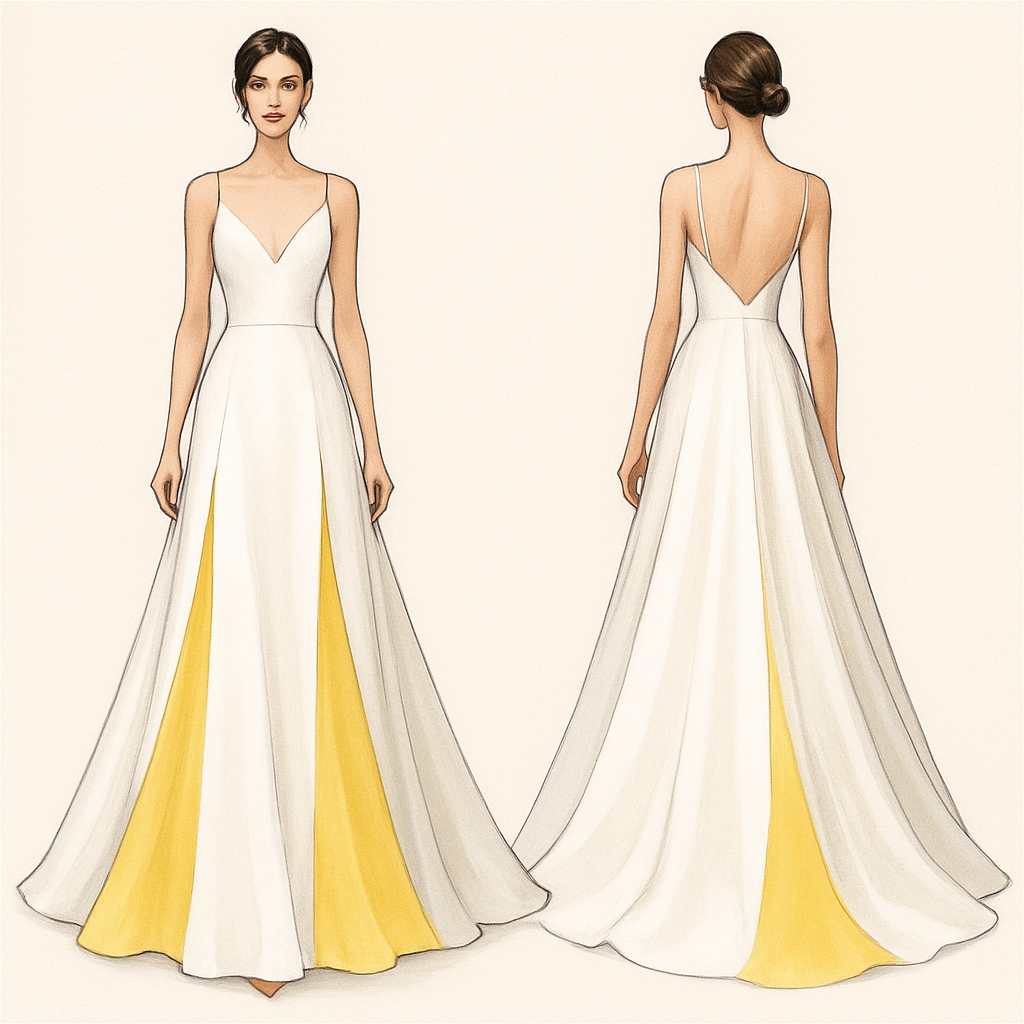 Dinner dress , with white and yellow flare 

Dinner dress , with white and yellow flare , show front and back
