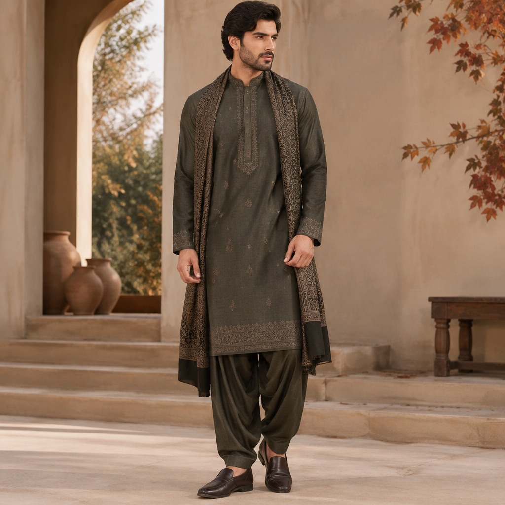 A Male Dress design, suitable for Fall. Consider Pakistani fashion — shalwar kameez, gharara, sharara; lawn fabrics, chiffon; intricate embroidery and mirror work. Current season is Autumn in Pakistan. Present it as professional fashion catalogue photography: the garment is the subject, shown full-length with editorial styling, neutral posing and tasteful, non-suggestive framing.
photorealistic fashion design, A Male Dress design, suitable for Fall. Consider Pakistani fashion — shalwar kameez, gharara, sharara; lawn fabrics, chiffon; intricate embroidery and mirror work. Current season is Autumn in Pakistan. Present it as professional fashion catalogue photography: the garment is the subject, shown full-length with editorial styling, neutral posing and tasteful, non-suggestive framing., just the design no text