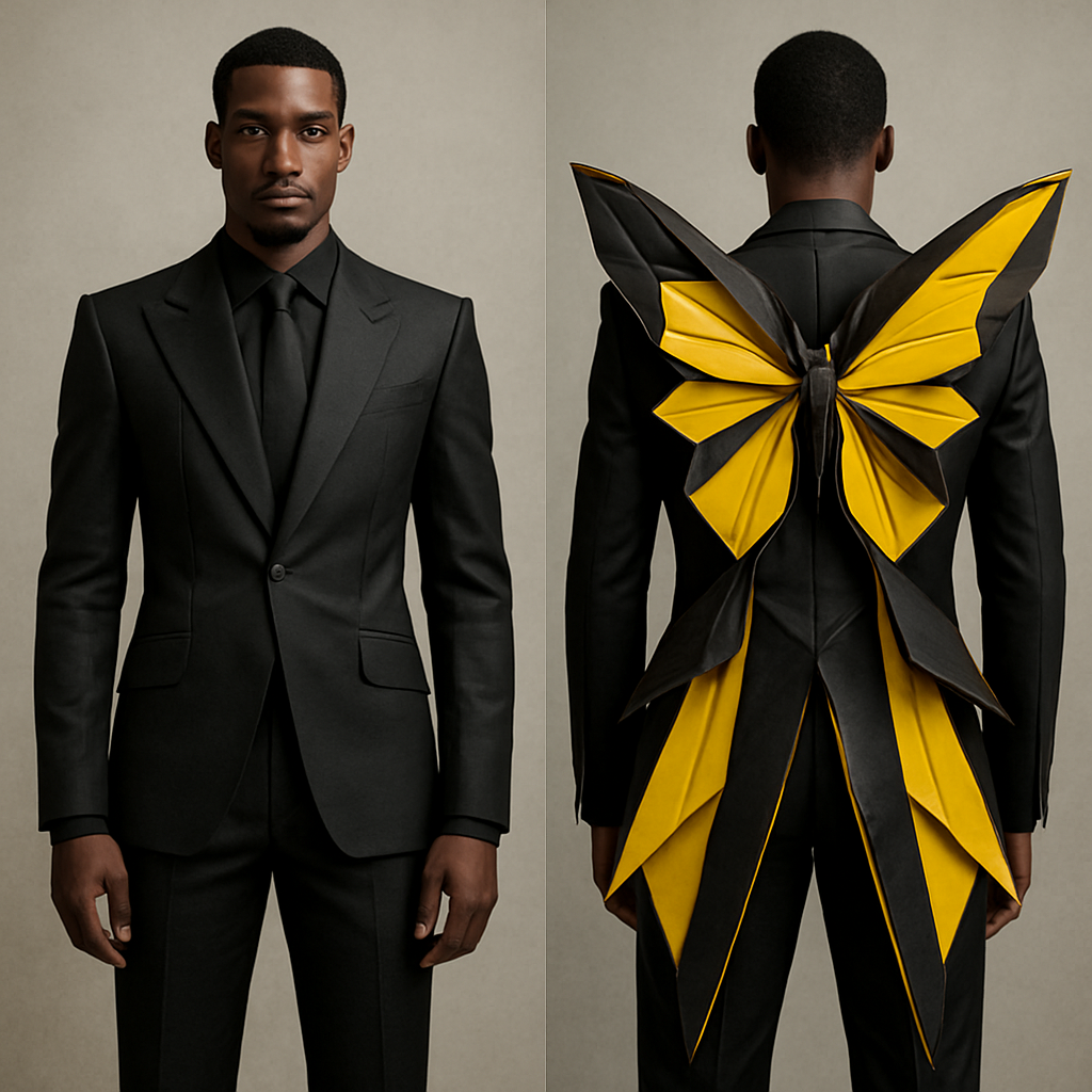 Origami black men’s for wear tails with elaborate butterfly in back, made into tales using the colors, black and yellow
Origami black men’s for wear tails with elaborate butterfly in back, made into tales using the colors, black and yellow, luxury style, show front and back