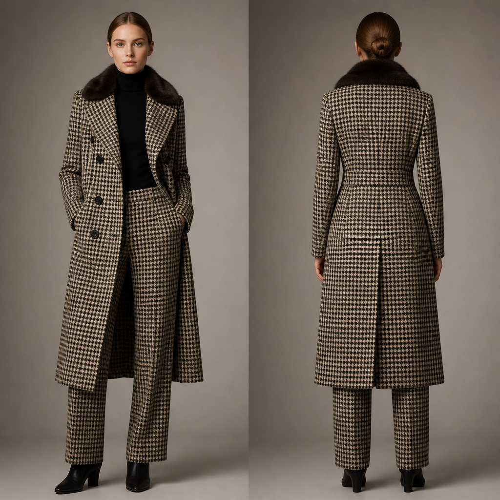 Womens houndstooth cashmere double breasted long coat with mink collar and matching pants, black cashmere turtleneck sweater , black suede boots
photorealistic fashion design, Womens houndstooth cashmere double breasted long coat with mink collar and matching pants, black cashmere turtleneck sweater , black suede boots, winter style, just the design no text, show front and back