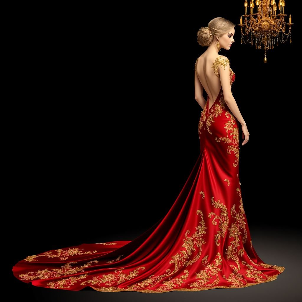All red and gold gliter small amount of fabric
Design an opulent evening gown that drips with glamour, featuring a rich, deep red silk base adorned with shimmering gold glitter accents. The gown should have a daringly low back and a flowing train. Incorporate intricate, handcrafted gold lace appliqués, and finish with bold, golden accessories that embody sheer luxury.