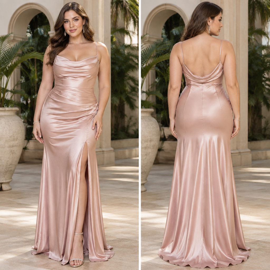 A Female Dress design, made of Silk, with a sleek, smooth finish, with a Fitted silhouette, in a Pastels color palette, for Party, suitable for Fall, suited to a Tropical climate, in Glamorous style, shown on a model with light skin and a curvy figure. جميل. Israel fashion aesthetics. Present it as professional fashion catalogue photography: the garment is the subject, shown full-length with editorial styling, neutral posing and tasteful, non-suggestive framing.
photorealistic fashion design, A Female Dress design, made of Silk, with a sleek, smooth finish, with a Fitted silhouette, in a Pastels color palette, for Party, suitable for Fall, suited to a Tropical climate, in Glamorous style, shown on a model with light skin and a curvy figure. جميل. Israel fashion aesthetics. Present it as professional fashion catalogue photography: the garment is the subject, shown full-length with editorial styling, neutral posing and tasteful, non-suggestive framing., glamorous style, just the design no text, show front and back