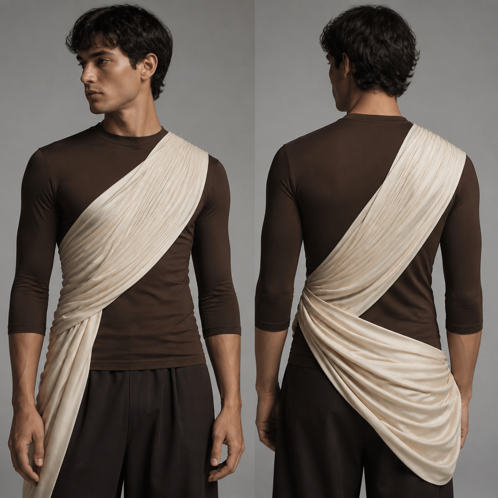 photorealistic fashion design, A Male Top design, suitable for Spring. 3/4 sleeve skin tight cotton top in brown with a raw silk draping across the body that is pleated in ivory. Design with modest coverage., just the design no text, show front and back. Refinement: darker brown cotton top and the silk should be more draped
photorealistic fashion design, photorealistic fashion design, A Male Top design, suitable for Spring. 3/4 sleeve skin tight cotton top in brown with a raw silk draping across the body that is pleated in ivory. Design with modest coverage., just the design no text, show front and back. Refinement: darker brown cotton top and the silk should be more draped, just the design no text