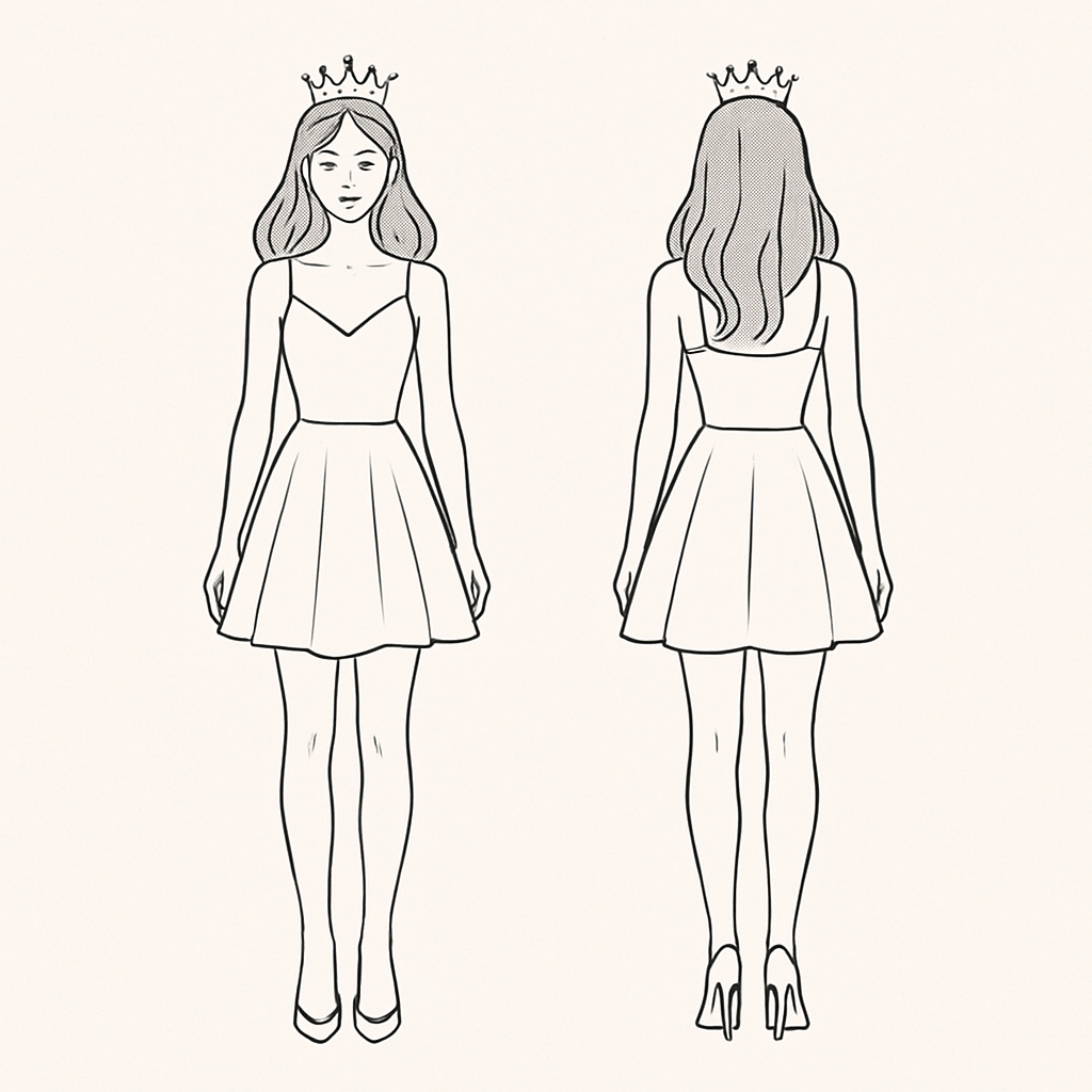 A girl with open hair, wearing a crown, pencil heels and a short party dress
A girl with open hair, wearing a crown, pencil heels and a short party dress, minimalist style, show front and back