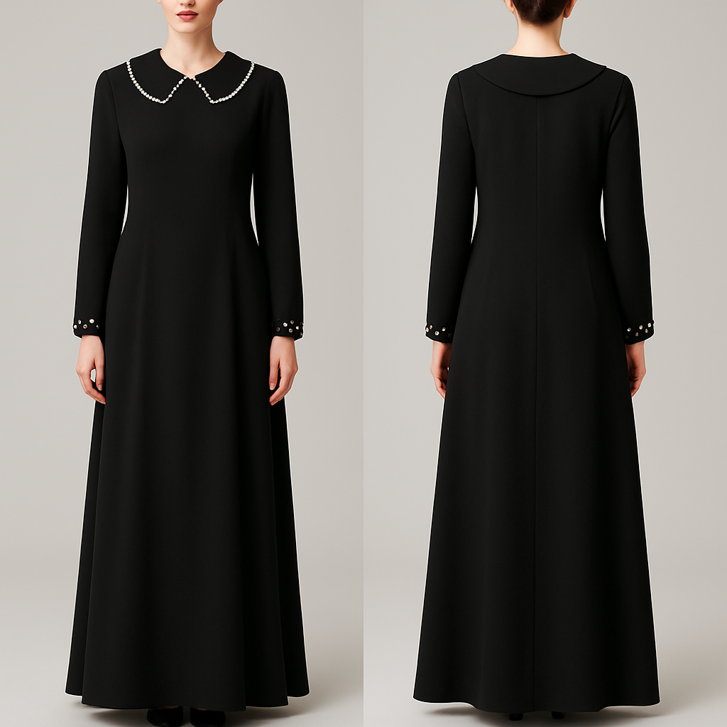 Elegant black maxi dress not very tight (flawless) with long sleeves it has a unique collar not the usual with hanging pearls and pearls as well in the sleeves 
Elegant black maxi dress not very tight (flawless) with long sleeves it has a unique collar not the usual with hanging pearls and pearls as well in the sleeves , minimalist style, show front and back
