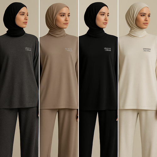 Create a revolutionary women’s modest loose gym wear brand called “Modest Fleur”. Display the brand name on the  in a unique design on the upper right side, in small thick writing that exudes a classy and sophisticated vibe. I’d like four designs, each showcasing different styles and fabrics, with high-end, chic designs to make them truly special.