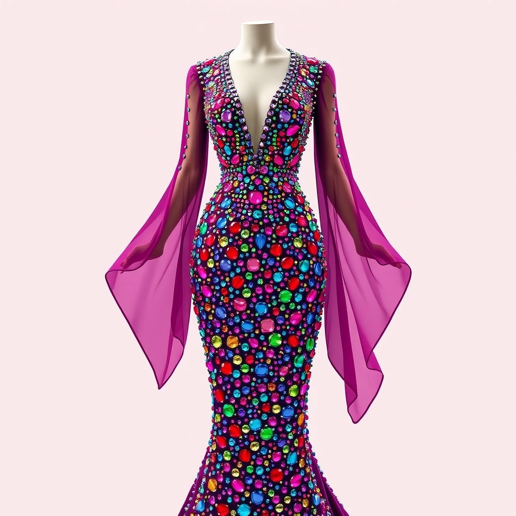 Rhinestone Colorful
Design an extravagant evening gown adorned with cascading rhinestones in an array of vibrant colors, reflecting the light with every movement. The silhouette should be elegantly form-fitting, dramatically flared at the hem, and feature a daring plunge neckline. Add sheer, flowing sleeves that enhance the garment's opulent glamor, perfect for a red carpet event.