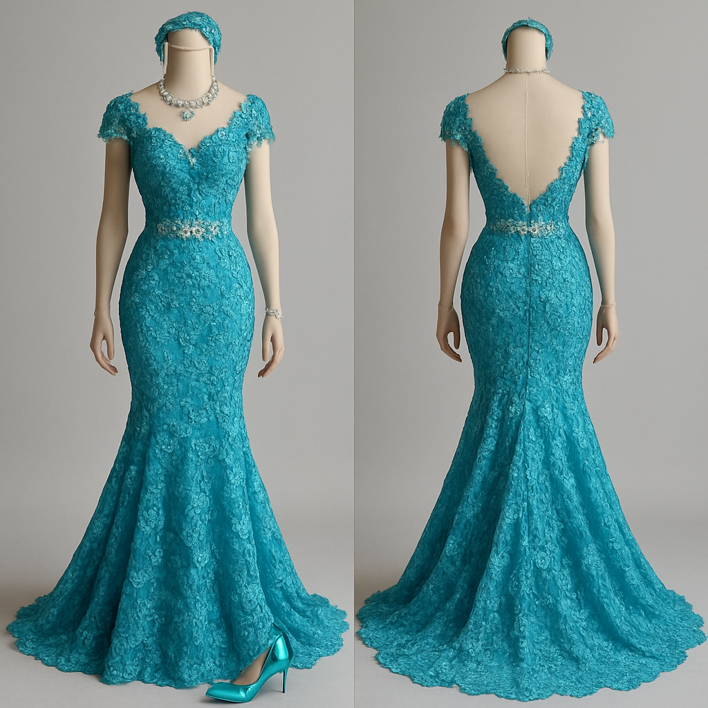 A gorgeous blue lace dress covered fully in flowers, silk and diamonds all around and a flowing silhouette with an hourglass figure almost like a mermaid shape wedding dress, but teal with silk and four lace everywhere diamonds and jewel, headband and other accessories like necklaces, beautiful glass, diamond, high heels, and a diamond waistband on a mannequin
A gorgeous blue lace dress covered fully in flowers, silk and diamonds all around and a flowing silhouette with an hourglass figure almost like a mermaid shape wedding dress, but teal with silk and four lace everywhere diamonds and jewel, headband and other accessories like necklaces, beautiful glass, diamond, high heels, and a diamond waistband on a mannequin, formal style, show front and back