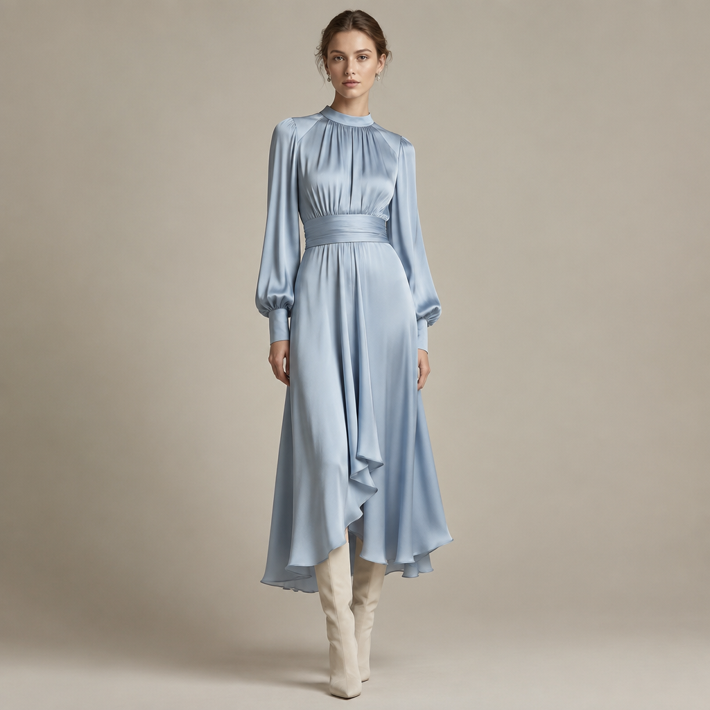 A Female Dress design, suitable for Fall. просто простой эскиз платья, светло - голубой цвет, шелк.. Russia fashion aesthetics. Present it as professional fashion catalogue photography: the garment is the subject, shown full-length with editorial styling, neutral posing and tasteful, non-suggestive framing.
photorealistic fashion design, A Female Dress design, suitable for Fall. просто простой эскиз платья, светло - голубой цвет, шелк.. Russia fashion aesthetics. Present it as professional fashion catalogue photography: the garment is the subject, shown full-length with editorial styling, neutral posing and tasteful, non-suggestive framing., just the design no text