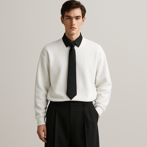 White plain long sleeve sweatshirt with black button up underneath and oversized black slack bottoms and add a tie and show collar 