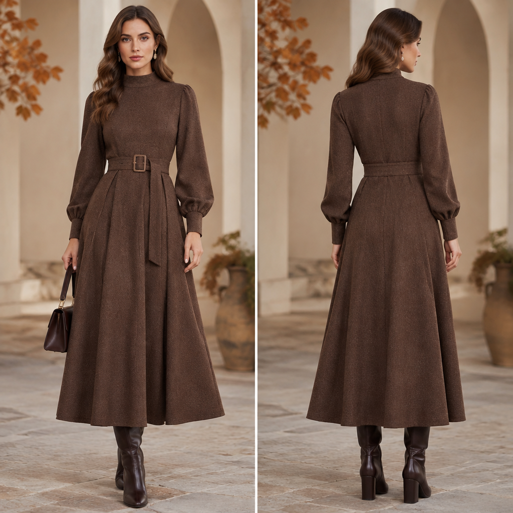 A Female Dress design, with modest, full coverage: longer hemlines, higher necklines and covered shoulders, suitable for Fall. LY fashion aesthetics. Current season is Autumn in LY. Present it as professional fashion catalogue photography: the garment is the subject, shown full-length with editorial styling, neutral posing and tasteful, non-suggestive framing.
photorealistic fashion design, A Female Dress design, with modest, full coverage: longer hemlines, higher necklines and covered shoulders, suitable for Fall. LY fashion aesthetics. Current season is Autumn in LY. Present it as professional fashion catalogue photography: the garment is the subject, shown full-length with editorial styling, neutral posing and tasteful, non-suggestive framing., just the design no text